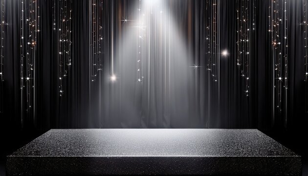 black stgae showcase with white light and silver glittering lights on black curtain background in dark room