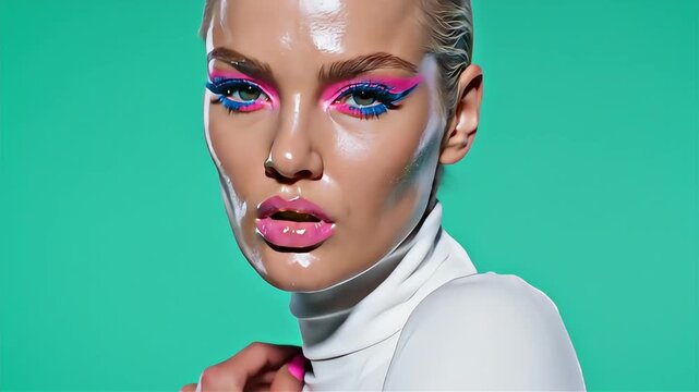 Stunning fashion model with creative neon pink and blue graphic eyeliner and glossy wet-look skin posing against a solid teal background wearing a white turtleneck for a modern beauty shoot.