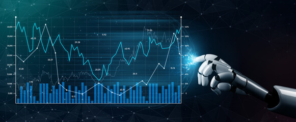 A robot hand interacts with data visualizations, showcasing financial growth and analytics trends in a high-tech digital environment, symbolizing innovation. Scalp