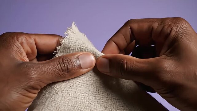 Close-up of African American hands carefully feeling the frayed edge of high-quality cream linen fabric against a purple studio background, showcasing organic textile texture and material quality.