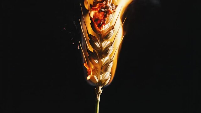 A burning wheat stalk against a dark background, flames engulfing the kernels