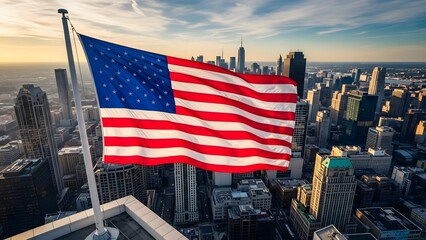 american flag on rooftop overlooking city skyline, urban america, modern perspective, national identity theme