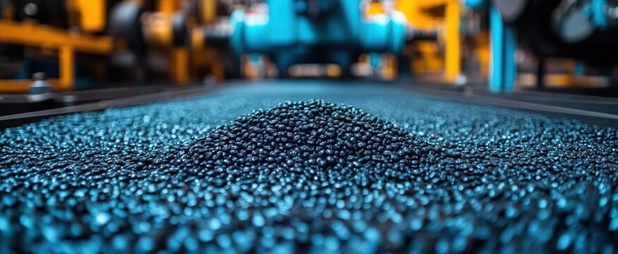 Small dark pellets forming a pile on an industrial conveyor belt, factory background