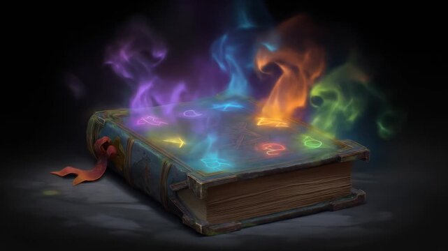A mystical book, glowing with sigils and wisps of colored energy, rests in a shadowy scene
