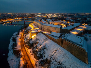 Aerial Night View of Illuminated Bridges over the Danube River in Winter, Novi Sad, Serbia
