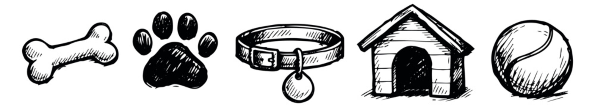 Hand drawn line art dog accessories set featuring dog bone, paw print, collar, dog house and tennis ball for pet care designs