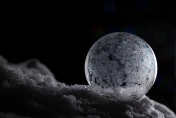 Frozen ice crystal soap bubble