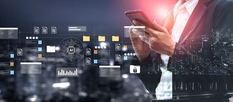 A business professional interacts with a smartphone, set against a city skyline, featuring a digital interface that highlights concepts of artificial intelligence and data processing. Gantry - Powered by Adobe