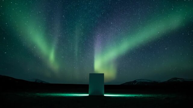 A mysterious monolith stands beneath a vibrant aurora borealis.  Stars fill the night sky above a dark landscape.