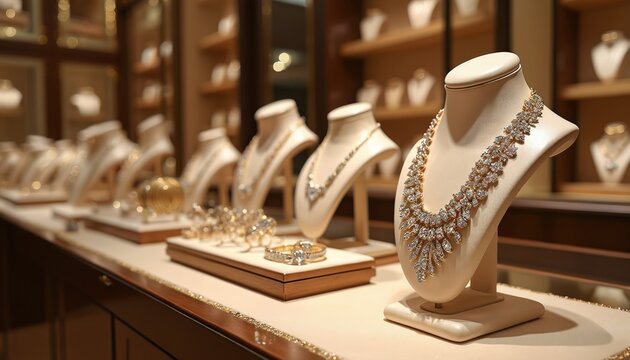 Luxury jewelry store diamond necklaces, gold bracelets. Elegant displays feature fine necklaces, rings. Expensive adornments gleam under soft lighting. High status fashion accessories for sale.