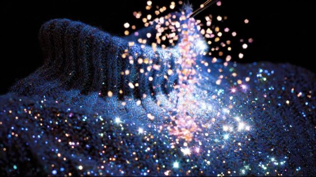 Glowing magical knitwear with glittering lights. A hand holds a tool near the source. Dark background