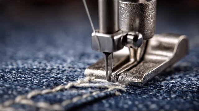 Close-up of sewing machine in operation, needle piercing fabric creating a stitch. The detail is incredible