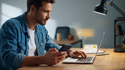 Man uses phone and laptop with social media feedback icons like likes and stars in office - Powered by Adobe
