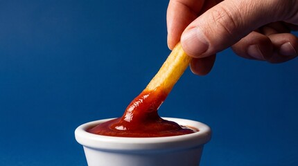 Hand dipping golden french fry into red ketchup sauce