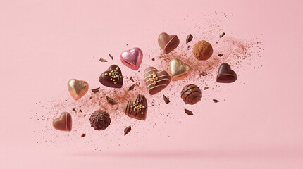 Flying heart chocolates scattering on a sweet pink background