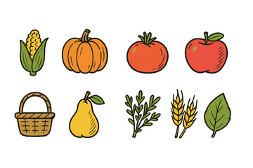 Fototapeta premium Autumn harvest linear icon set. Vegetables, fruits, and baskets linear style collection