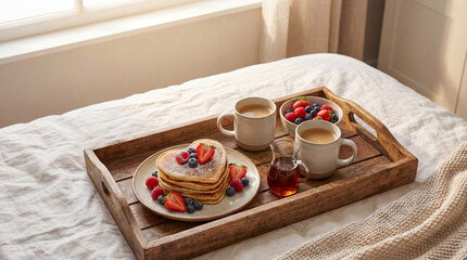 Romantic breakfast in bed tray with heart pancakes