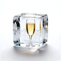 A glass of champagne inside the ice cube 