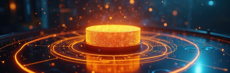 Glowing quantum core illuminates abstract digital circuit board. Futuristic technology hub with orange data streams and light particles. Advanced AI research concept in a dark lab.