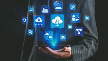 Fotobehang Natuur Park Cloud computing, cloud strategy, and cloud technology transforming digital infrastructure with scalable services, secure data storage, and cloud-based digital business solutions. Spire  © InfiniteFlow