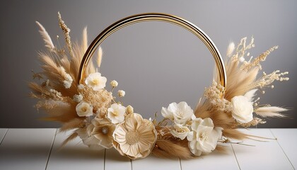 gold hoop wreath featuring beige and white dried flowers