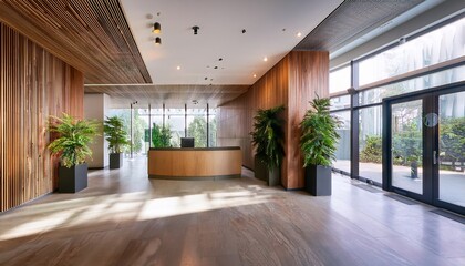 spacious modern office lobby with natural lighting featuring elegant wooden panels large windows indoor plants sleek furniture and a contemporary reception desk