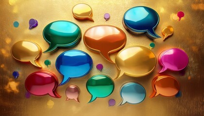 colorful glossy speech bubbles scattered on a textured gold background representing communication and conversation