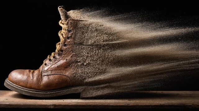 A worn brown leather boot on a wood surface disintegrates into particles against a black backdrop