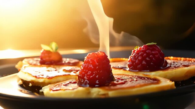 The steaming pancakes are beautifully arranged on a plate, topped with vibrant raspberries and syrup. These pancakes and raspberries create an appealing breakfast scene at sunset.