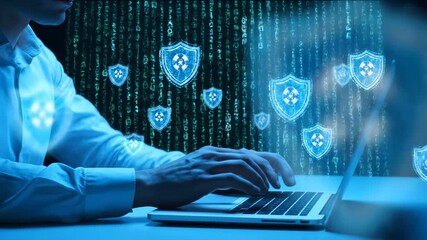 Man typing on laptop with digital shields protecting data against matrix background. - Powered by Adobe