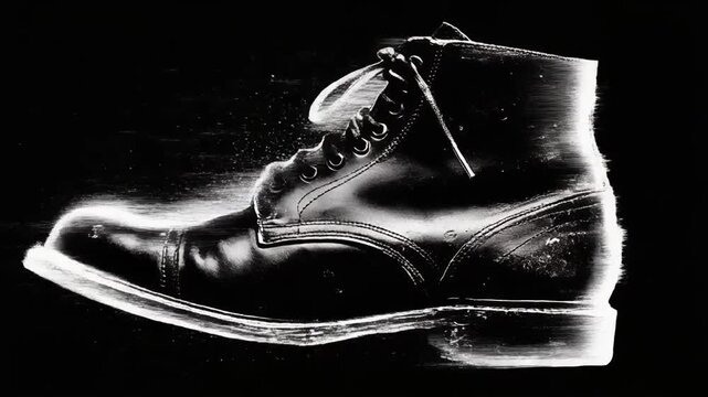 A black and white, side profile shot of a leather boot with laces against a black backdrop
