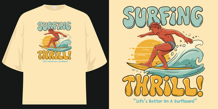 surfing thrill retro beach boy vintage cream oversized streetwear graphic tee t shirt design vector illustration artwork
