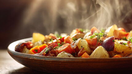 rustic roasted root vegetables with carrots potatoes and red onions seasoned with fresh herbs and crispy bacon served hot in a clay bowl with rising steam and soft warm sunlight for healthy eating