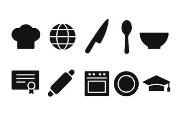 Culinary education solid icon set. Cooking and learning icons for chefs and students.