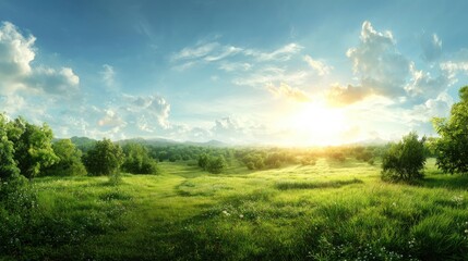 Obraz premium Serene Landscape of Lush Green Meadow Under Bright Blue Sky at Sunrise with Gentle Rolling Hills and Fluffy Clouds