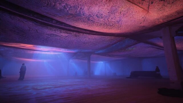 A large, atmospheric space with figures, illuminated with colored light, and textured ceilings