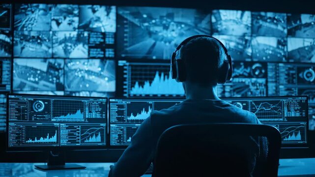 Man in headphones watches many screens with data and feeds in a blue room.