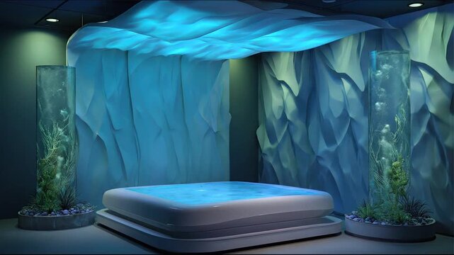 A modern spa interior showcasing a lit waterbed, flowing turquoise and pink lighting