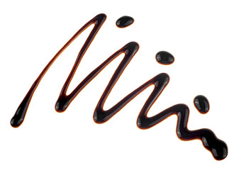 Dark chocolate sauce syrup swirl isolated on a white background, top view.