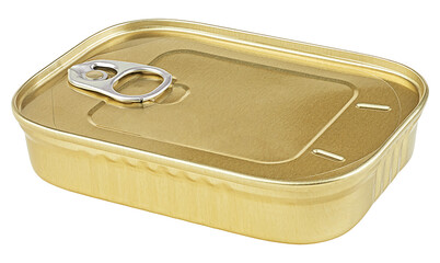 Yellow can of preserves isolated on a white background. Fish tin can.