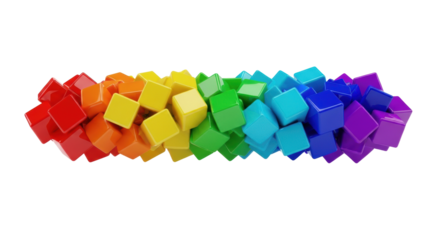 a hyper-detailed cluster of precision-cut, glossy plastic cubes displaying a vibrant visible light spectrum gradient on a transparent background. concept of organized creativity and geometry