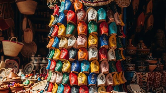 A stack of colorful Moroccan leather babouche slippers in a market stall cultural product still life.