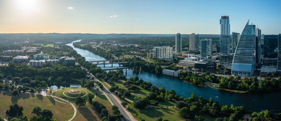 Aerial Panoramic View of Lady Bird Lake Long Center and Austin Skyline © Greyline Visual
