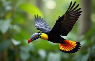 Obraz premium Colorful toucan flies through rich green jungle. Bird has large beak with blue and red accents. Black body contrasts with bright yellow chest and orange tail feathers. Wings are spread wide in flight.