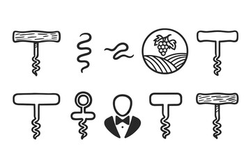 Wine and corkscrew outline icon set. Vineyard, sommelier, bar tools line collection