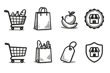 Shopping and grocery doodle icon set. Hand-drawn, sketch style line icons collection
