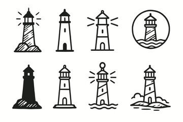 Lighthouse outline icon set. Nautical, maritime symbols in a stylish lighthouse collection