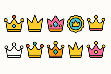 Royal crowns flat icon set. Collection of king, queen, crown symbols in flat style.