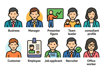 Business and office flat icon set. Professional workplace and career symbols collection.