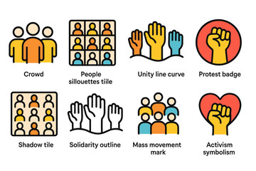 Activism and solidarity icon set in outline style. Protest, unity, symbolism emblems.